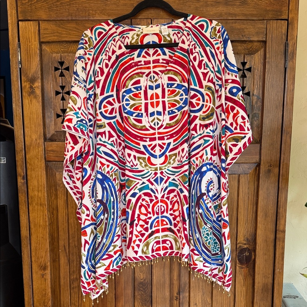 Vintage Chico's colorful Geometric Tunic w Gold Bead Fringe